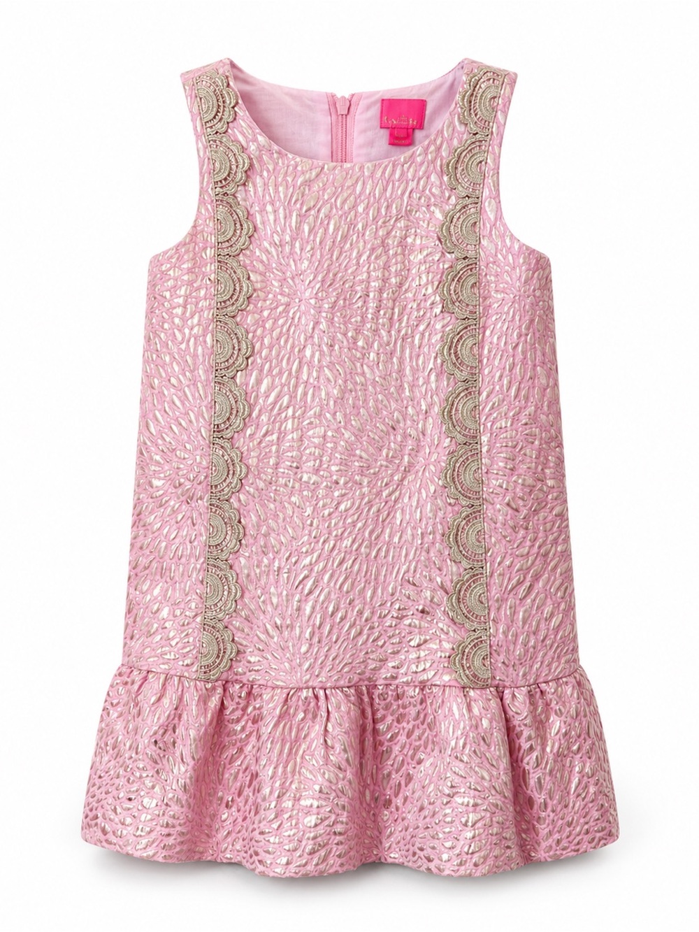 Lilly Pulitzer Pink Metallic Lace-Trim Sleeveless Ruffle Hem Dress